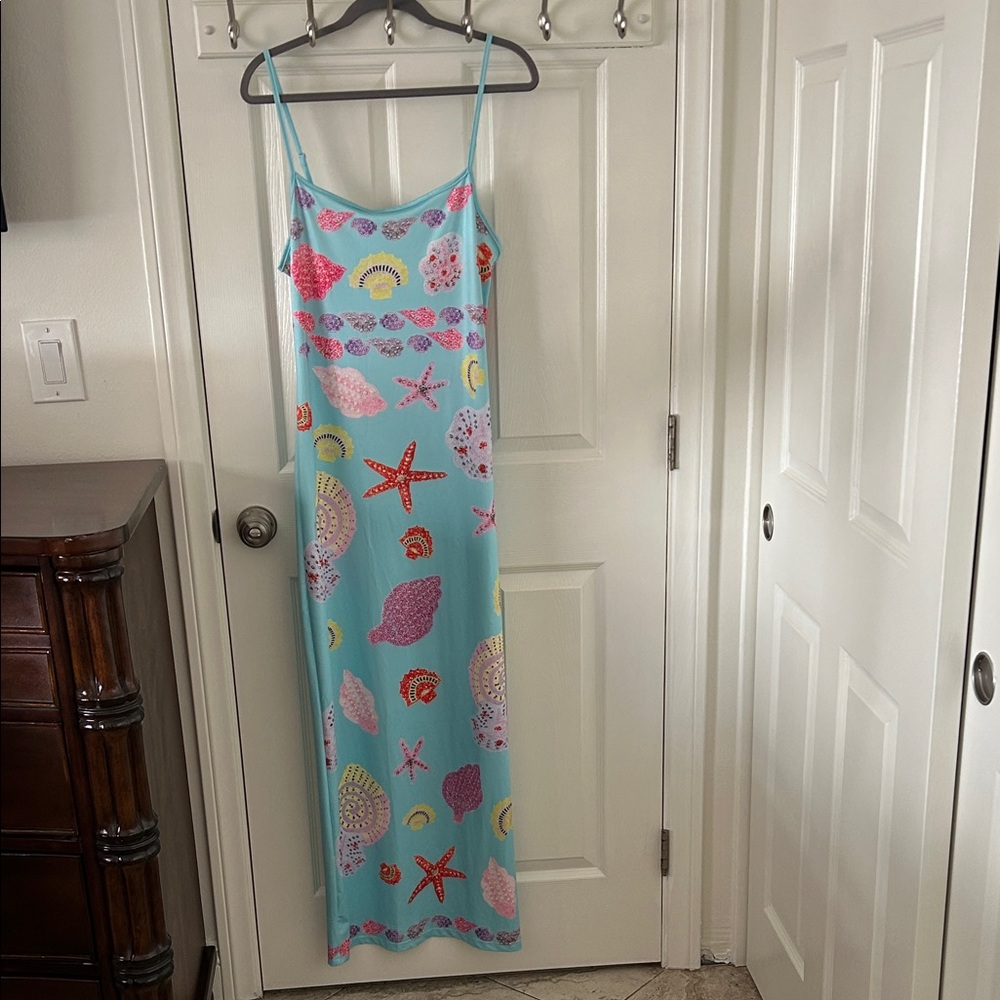 Source Unknown Blue Maxi Dress Seashell Print, Side Slit, Size L, Like New